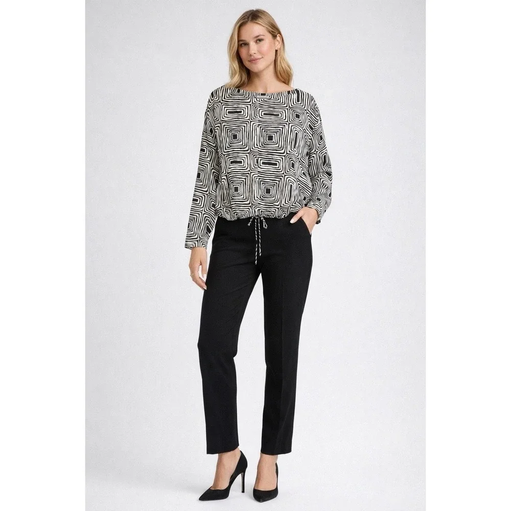 NWT ZARA M Blouse‎ Womens Black/Beige Geometric Print Drawstring Casual Office
